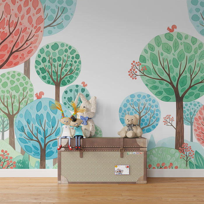 Kinderzimmer Tapete | Bunter Wald mit verschiedenen Laubbäumen