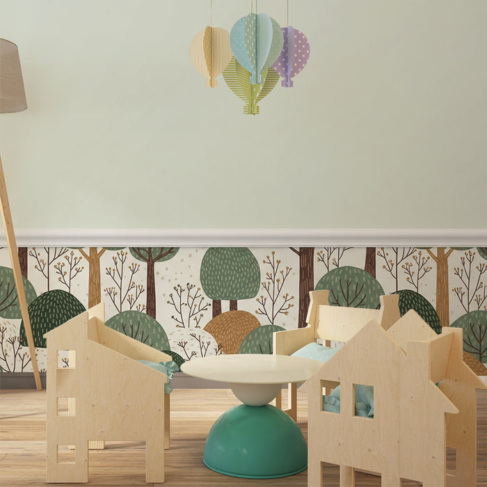 Papel de parede para quarto de criança | Floresta colorida com árvores e colinas suaves