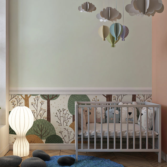 Papel de parede para quarto de criança | Floresta colorida com árvores e colinas suaves