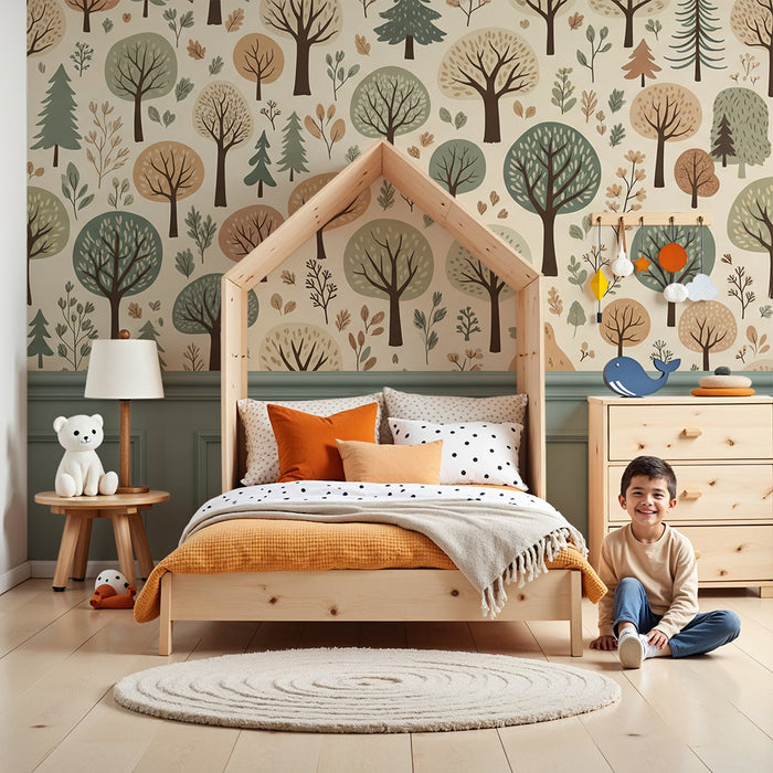 Papier peint chambre enfant | Forêt colorée avec arbres stylisés et feuillage doux