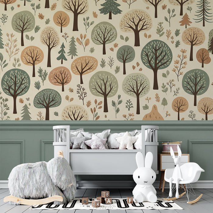 Papier peint chambre enfant | Forêt colorée avec arbres stylisés et feuillage doux