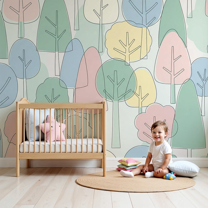 Gyermekszoba tapéta | Színes erdő stilizált fákkal