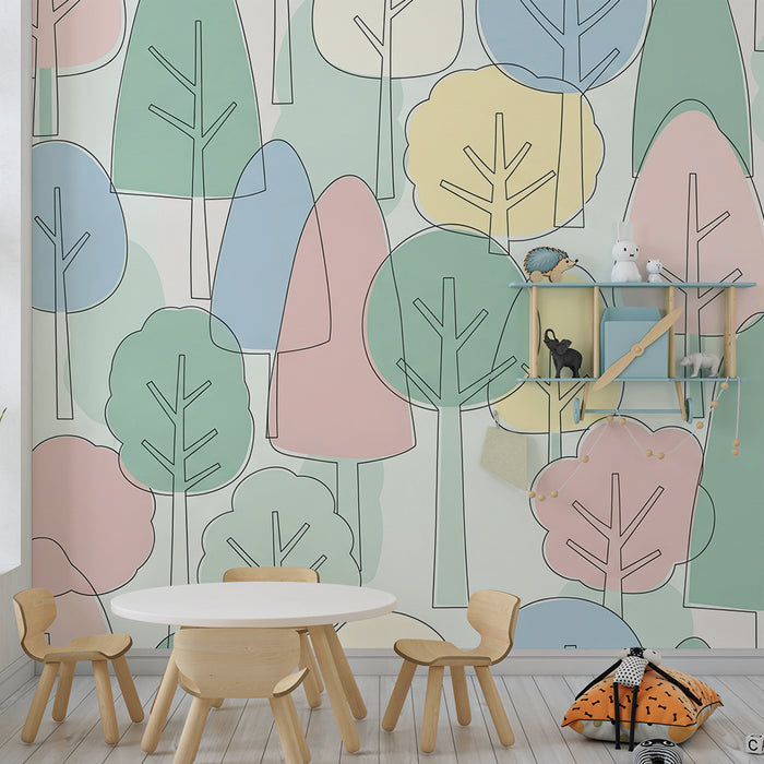 Gyermekszoba tapéta | Színes erdő stilizált fákkal