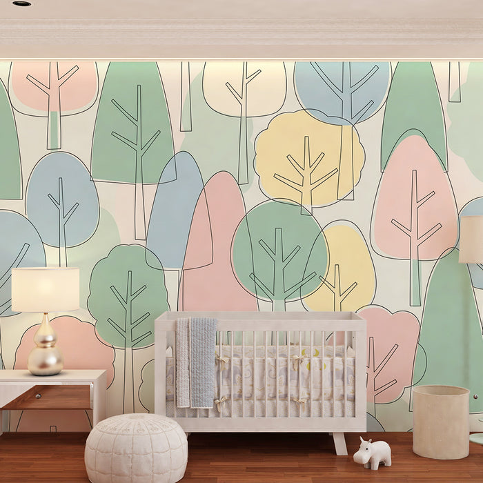Gyermekszoba tapéta | Színes erdő stilizált fákkal