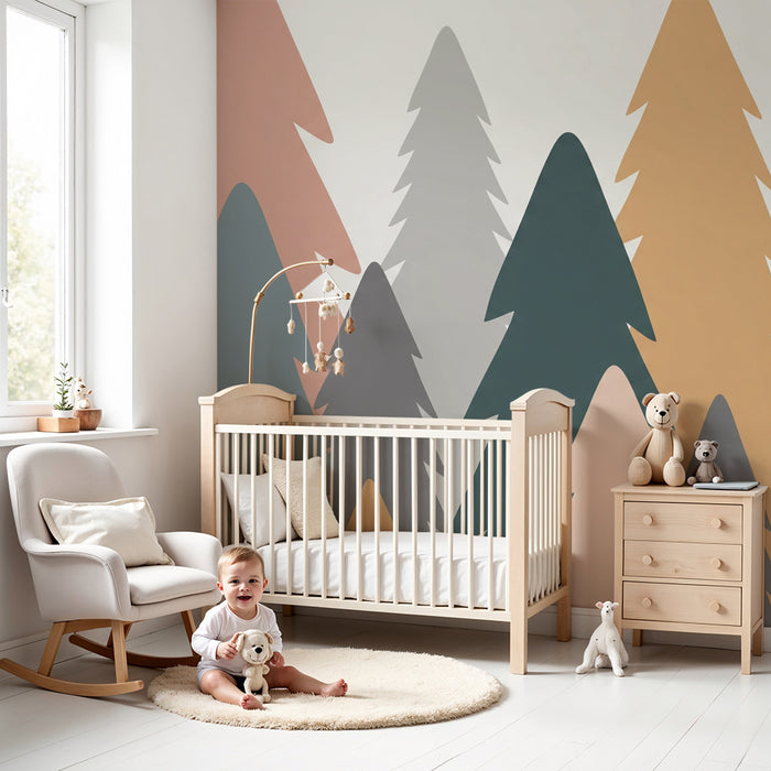 Kinderzimmer Tapete | Bunte Waldlandschaft mit stilisierten Tannen