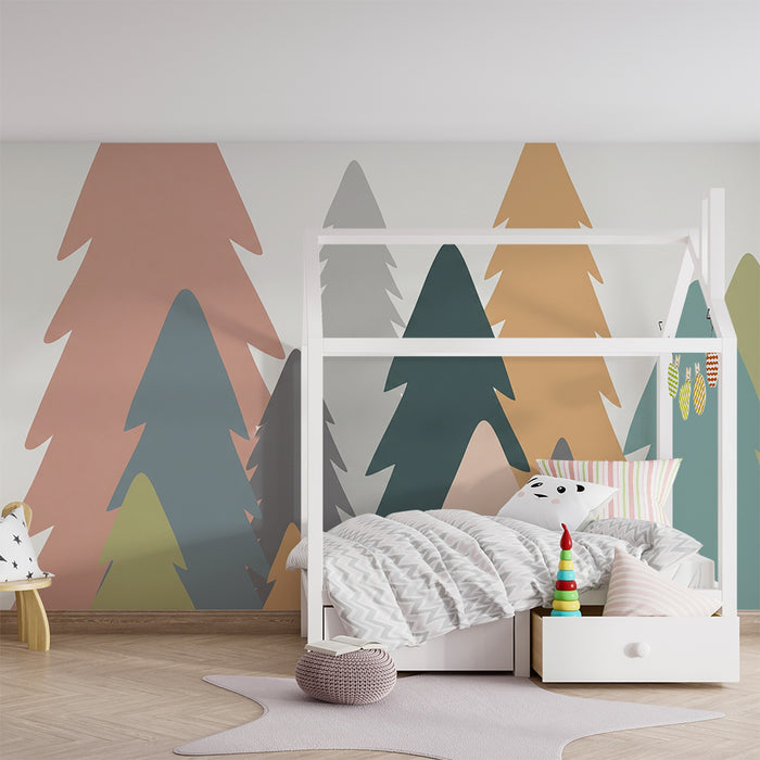 Kinderzimmer Tapete | Bunte Waldlandschaft mit stilisierten Tannen