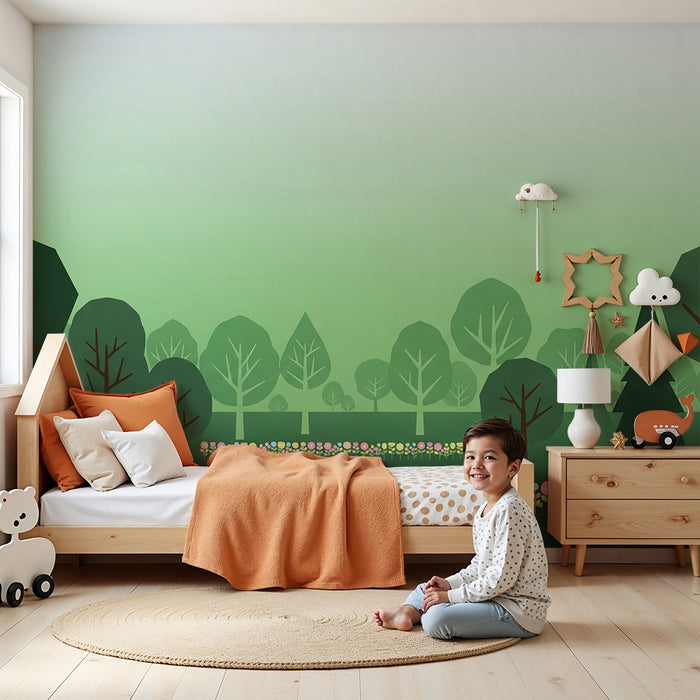Papel pintado infantil | Bosque colorido con flores pastel y árboles estilizados