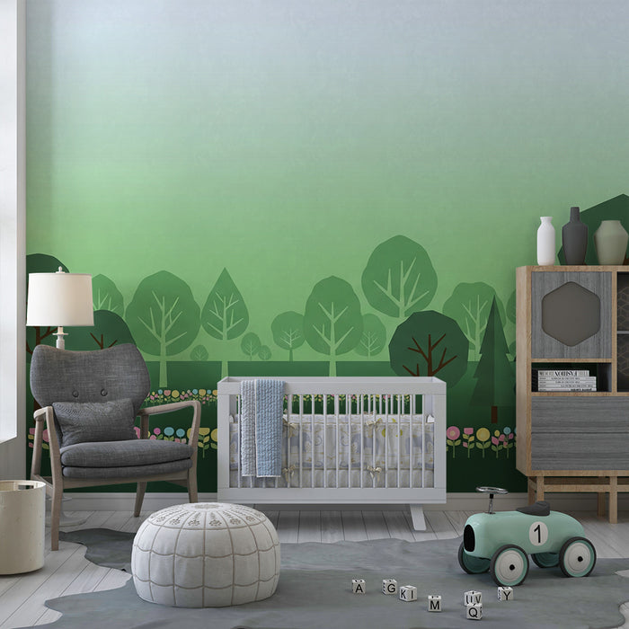 Papel pintado infantil | Bosque colorido con flores pastel y árboles estilizados