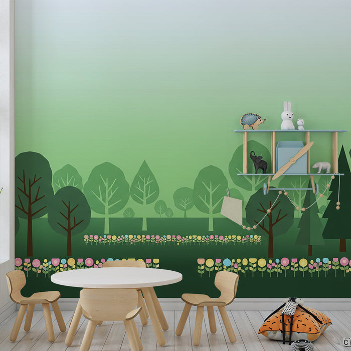 Papel pintado infantil | Bosque colorido con flores pastel y árboles estilizados
