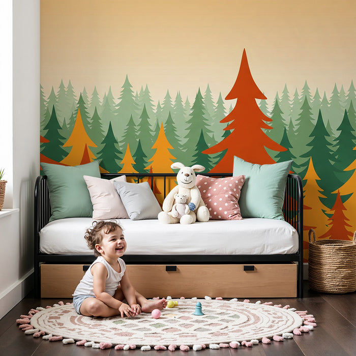 Kinderzimmer Tapete | Bunter Wald mit Herbsttönen und Tannenbäumen