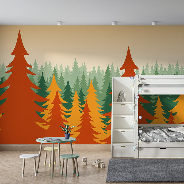 Kinderzimmer Tapete | Bunter Wald mit Herbsttönen und Tannenbäumen
