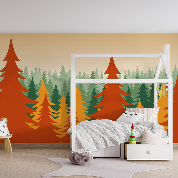 Kinderzimmer Tapete | Bunter Wald mit Herbsttönen und Tannenbäumen