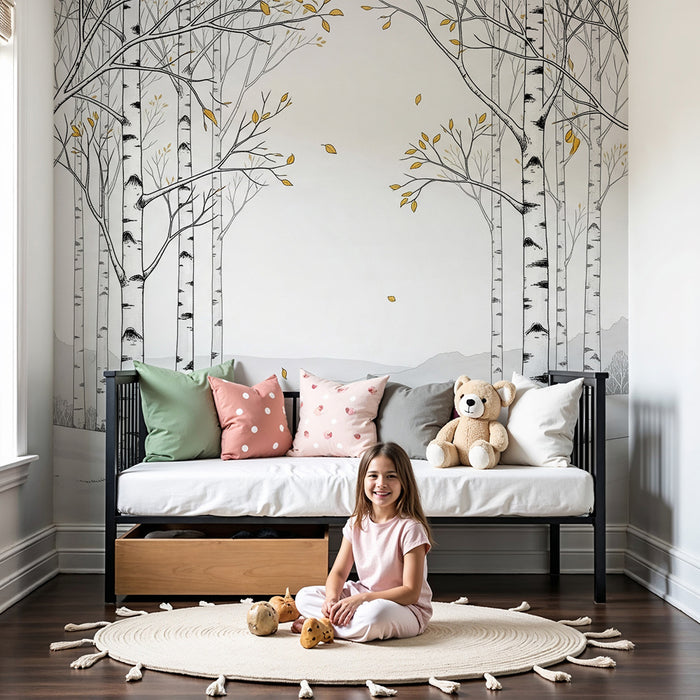 Kinderkamer behang | Witte boomgaard met gouden bladeren