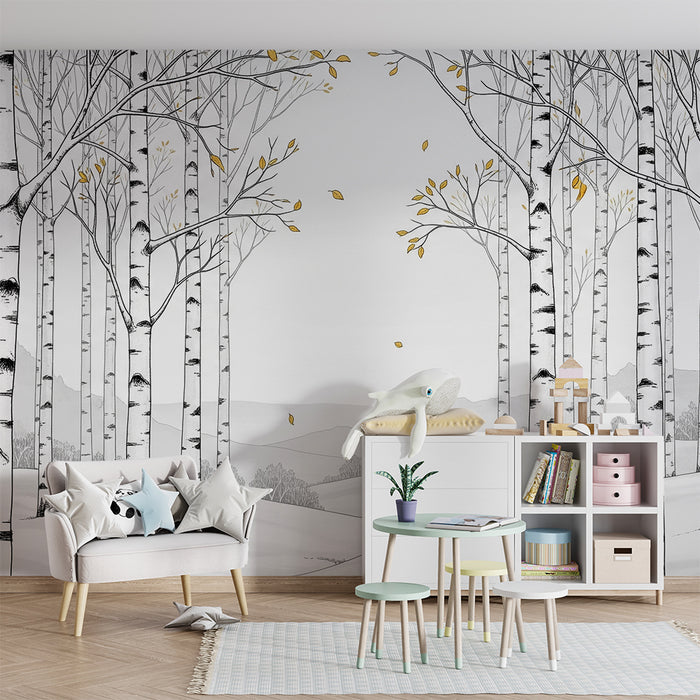 Kinderkamer behang | Witte boomgaard met gouden bladeren