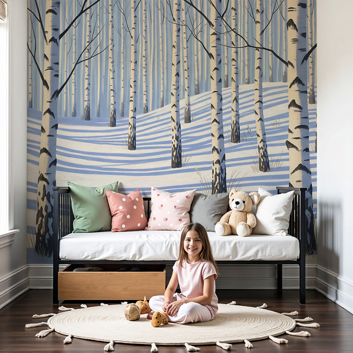 Kids room wallpaper | Winter forest with birch trees and snow