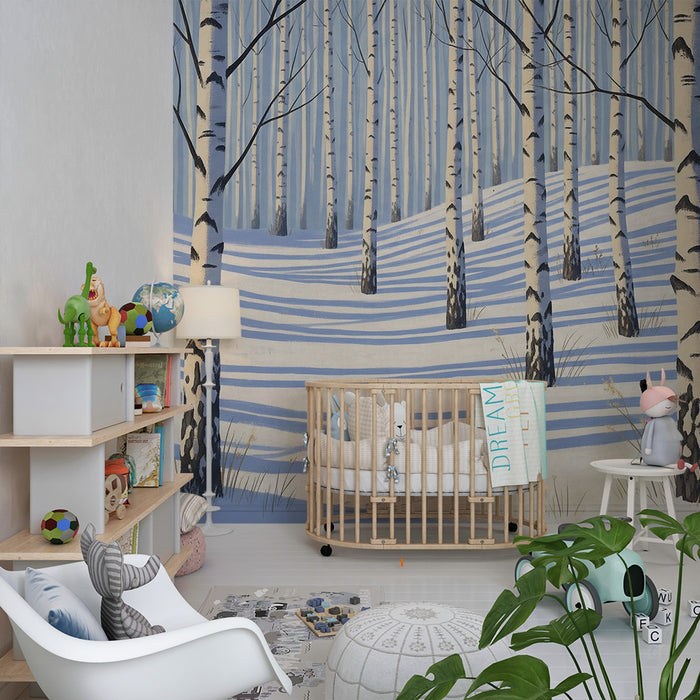 Kids room wallpaper | Winter forest with birch trees and snow
