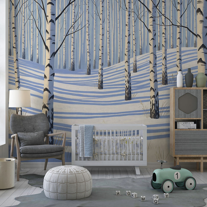 Kids room wallpaper | Winter forest with birch trees and snow
