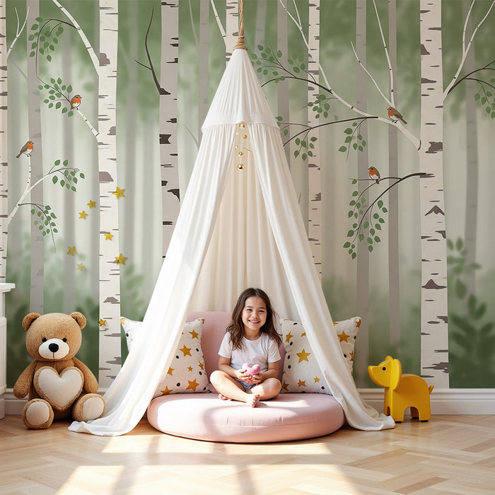 Carta da parati camera bambini | Foresta di betulle con uccelli colorati