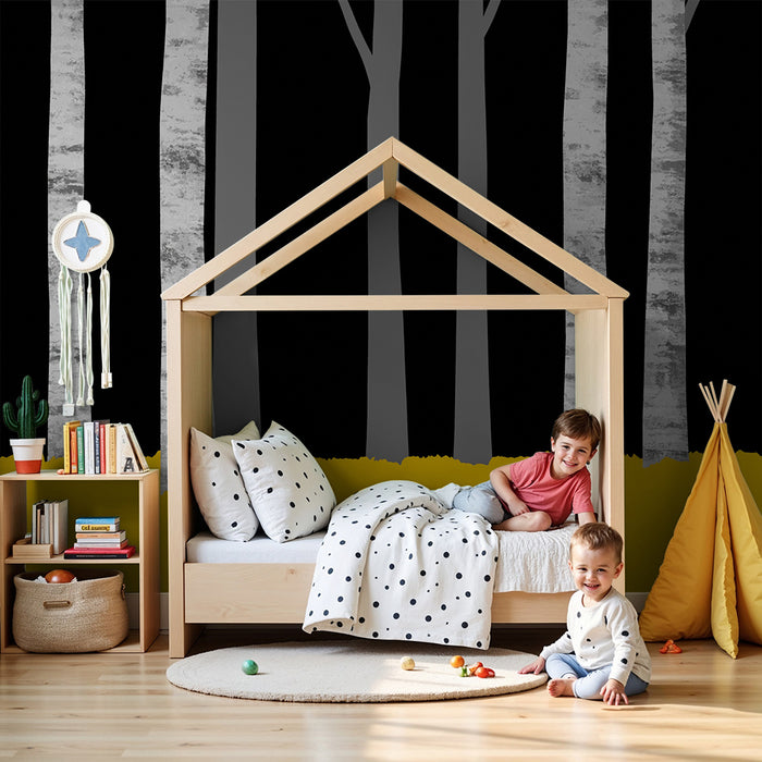 Behang kinderkamer | Berkenbos met een stralend gele vloer