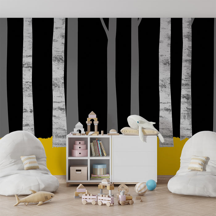 Behang kinderkamer | Berkenbos met een stralend gele vloer