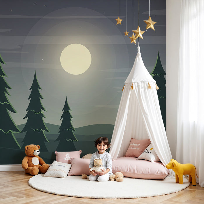 Carta da parati bambini | Foresta notturna sotto la luna piena
