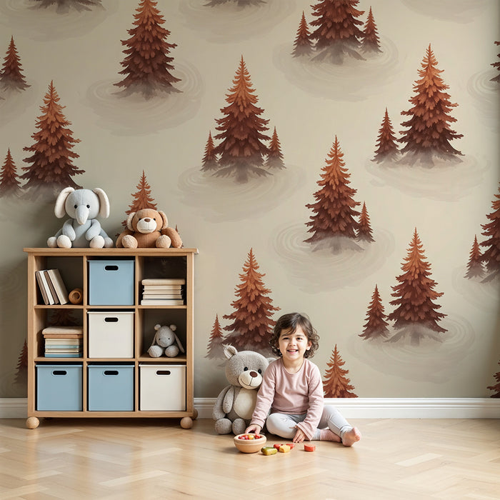 Behang kinderkamer | Warme en mistige dennenbos