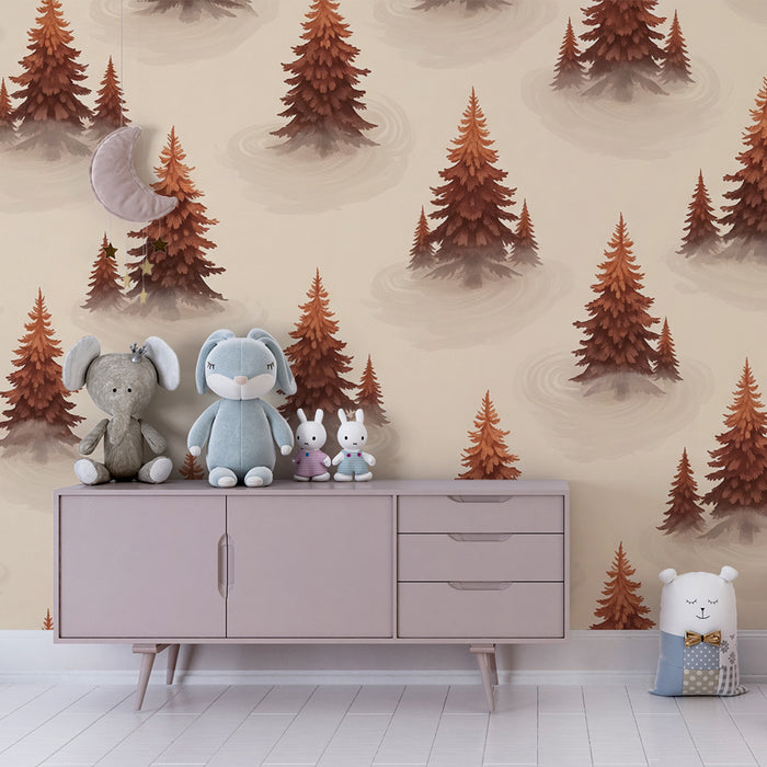 Behang kinderkamer | Warme en mistige dennenbos