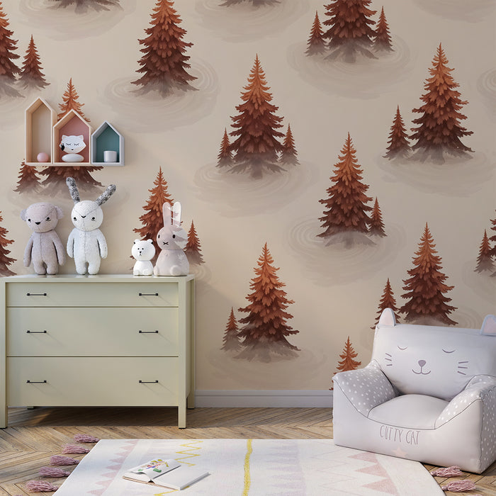Behang kinderkamer | Warme en mistige dennenbos