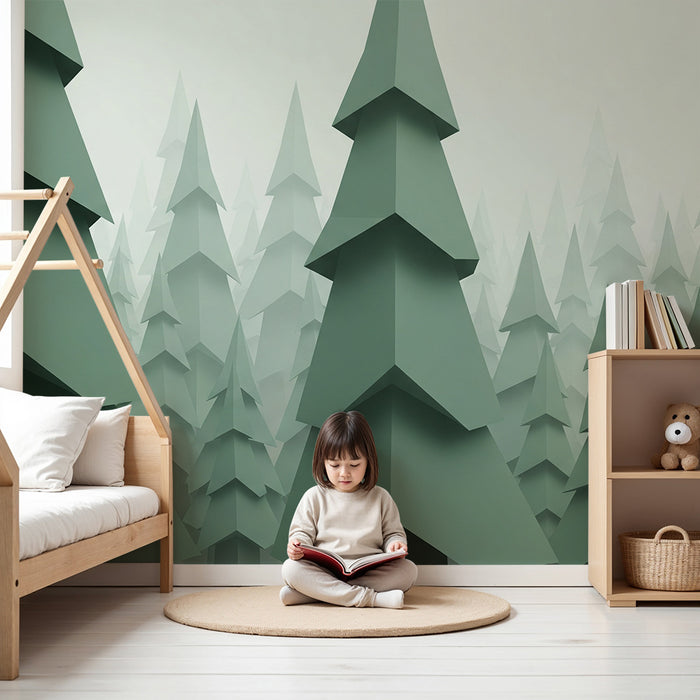 Kinderkamer behang | Papieren sparrenbos in groene tinten