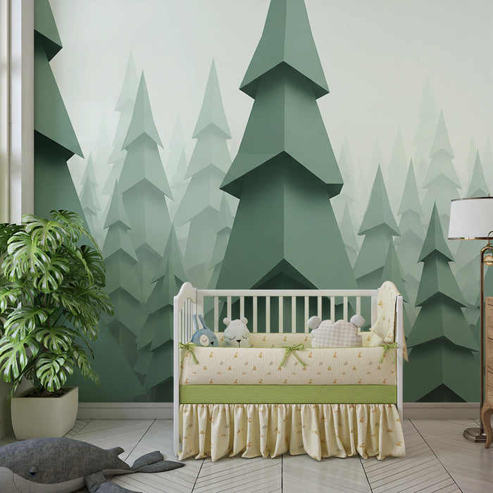 Kinderkamer behang | Papieren sparrenbos in groene tinten