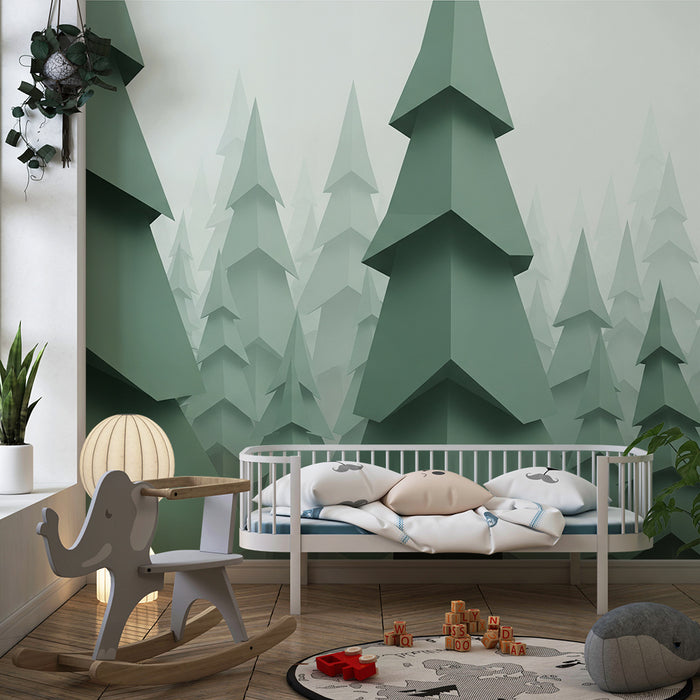Kinderkamer behang | Papieren sparrenbos in groene tinten