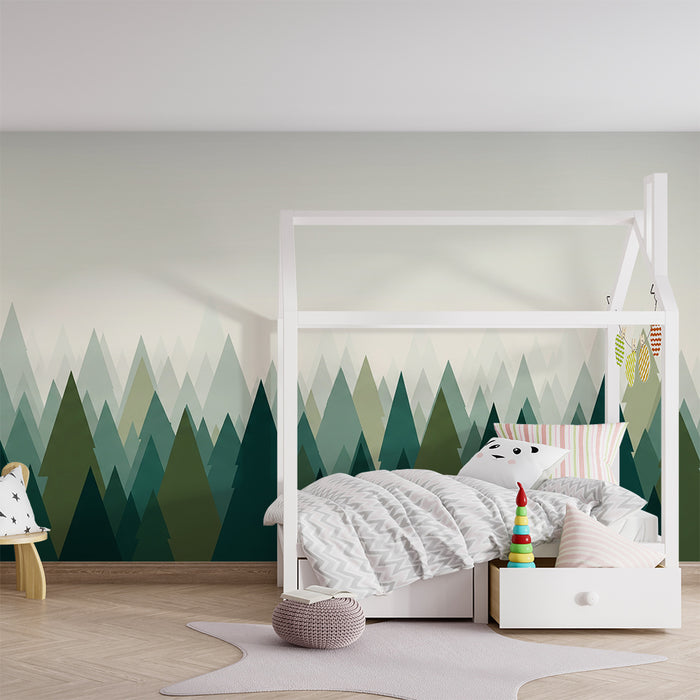 Kinderkamer behang | Gestileerd dennenbos in groenverloop