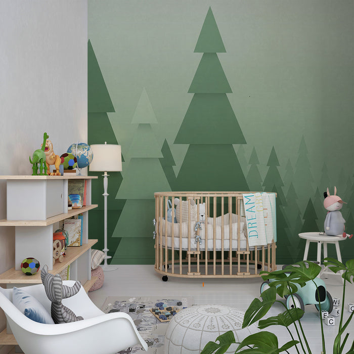 Kinderkamer behang | Gestileerd dennenbos in groentinten