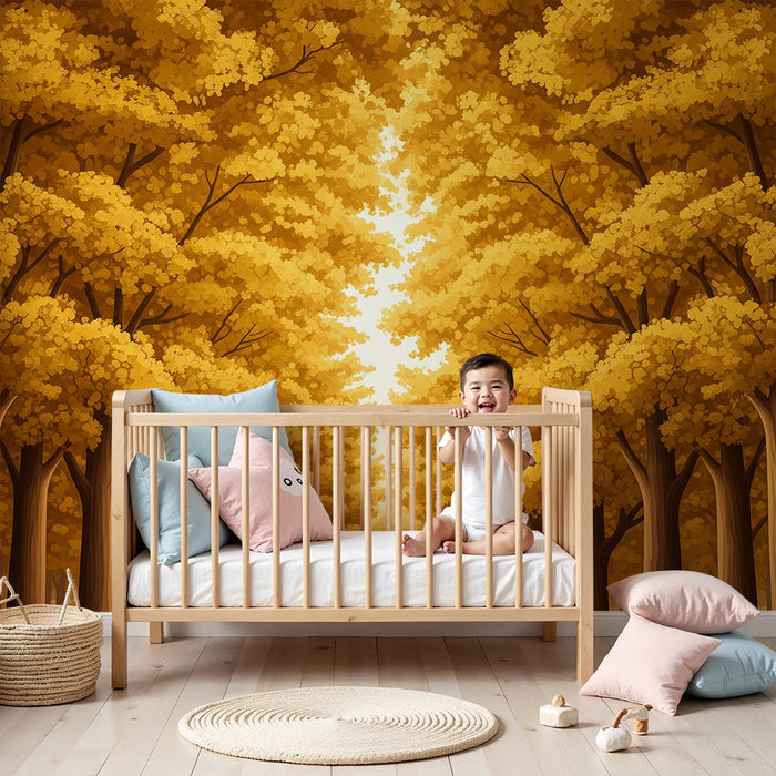 Papier peint chambre enfant | Forêt dorée aux feuilles flamboyantes