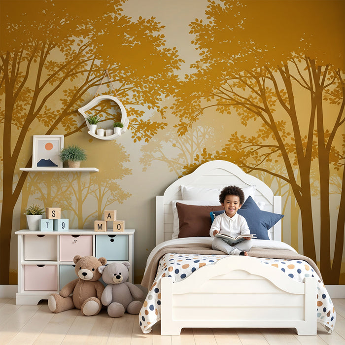 Papier peint chambre enfant | Forêt dorée avec arbres majestueux