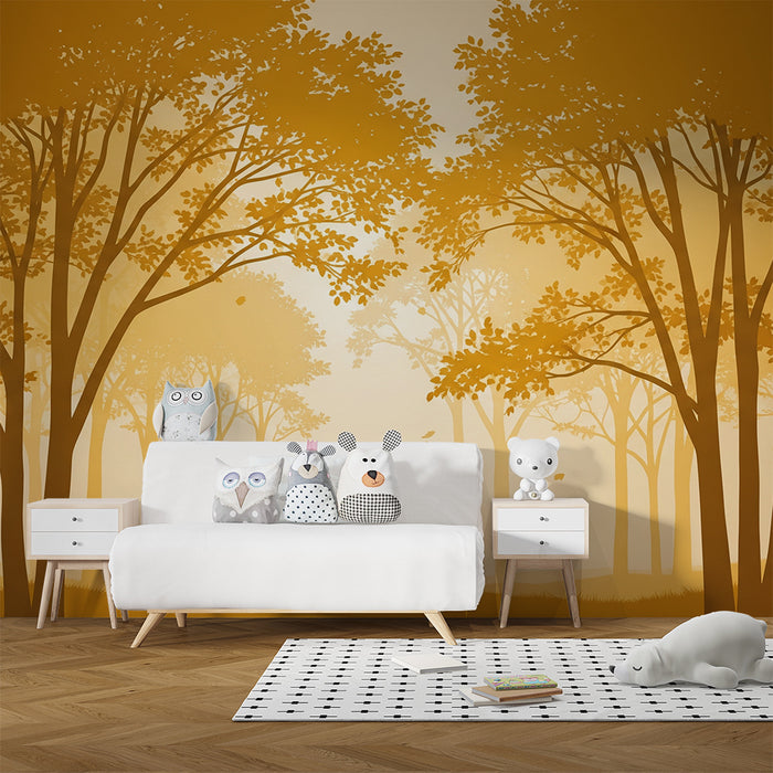 Papier peint chambre enfant | Forêt dorée avec arbres majestueux