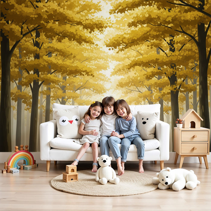 Papier peint chambre enfant | Forêt dorée avec des arbres majestueux