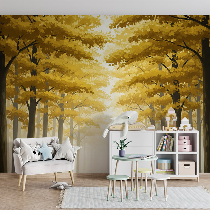 Papier peint chambre enfant | Forêt dorée avec des arbres majestueux