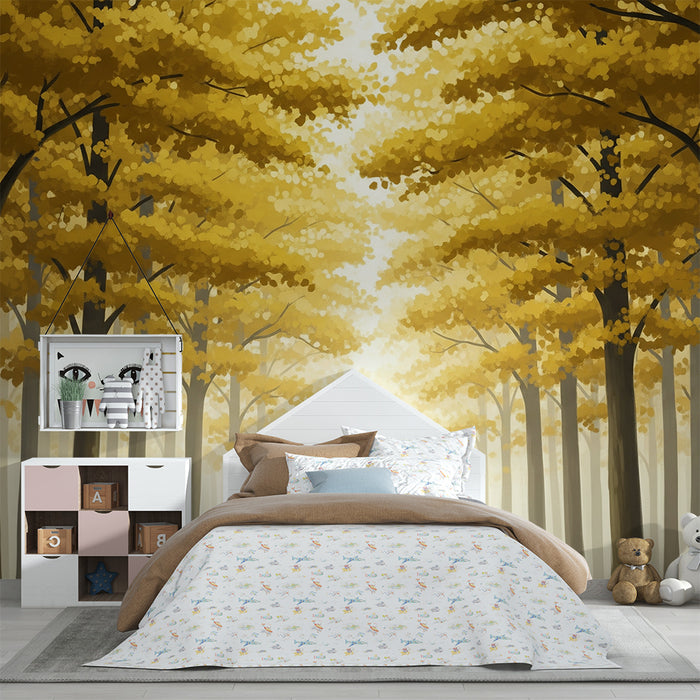 Papier peint chambre enfant | Forêt dorée avec des arbres majestueux