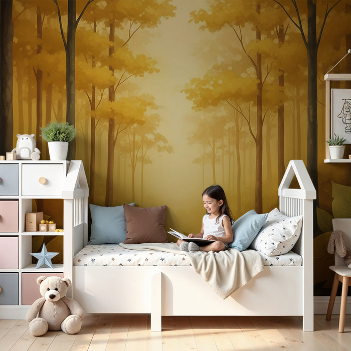 Papier peint chambre enfant | Forêt dorée avec feuillage automnal