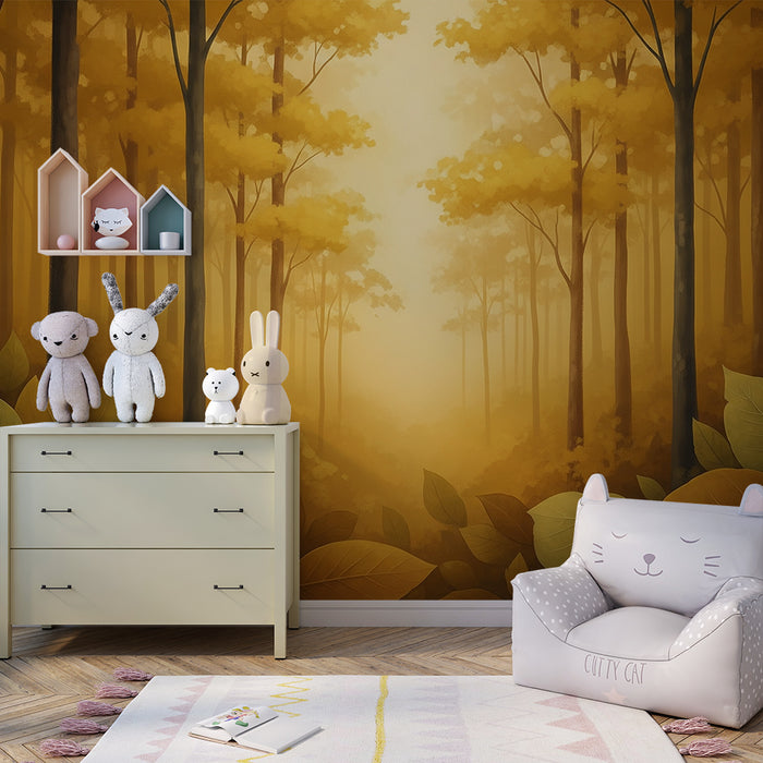 Papier peint chambre enfant | Forêt dorée avec feuillage automnal
