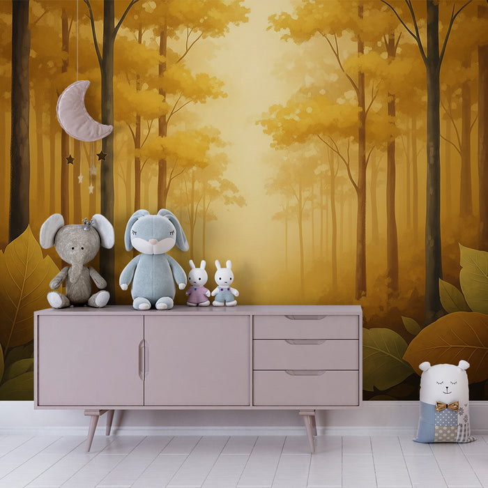 Papier peint chambre enfant | Forêt dorée avec feuillage automnal