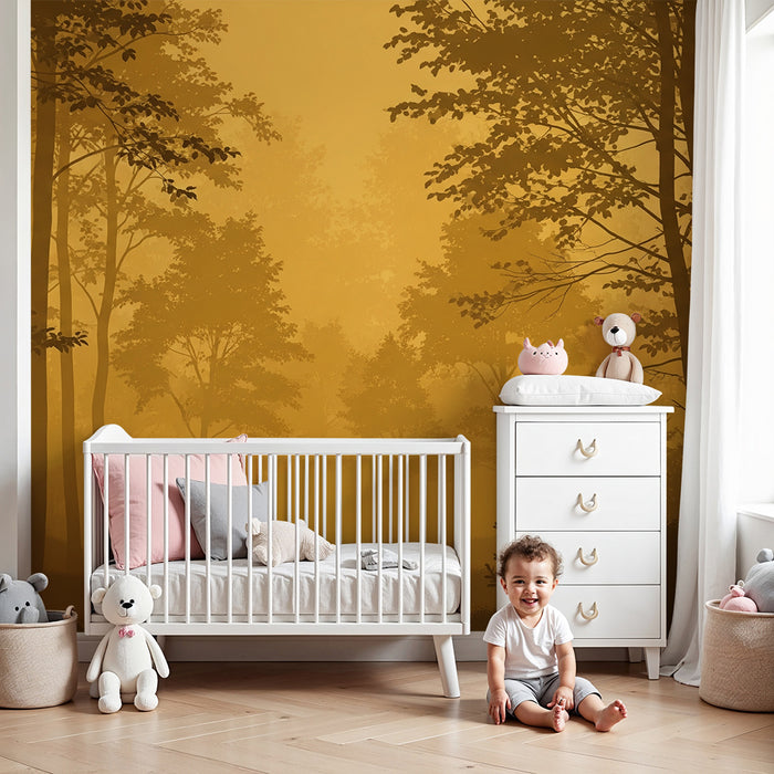 Papier peint chambre enfant | Forêt dorée et brume mystérieuse