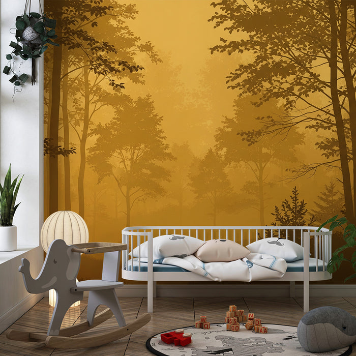 Papier peint chambre enfant | Forêt dorée et brume mystérieuse
