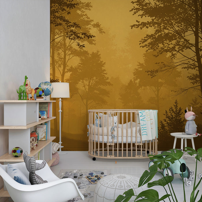 Papier peint chambre enfant | Forêt dorée et brume mystérieuse