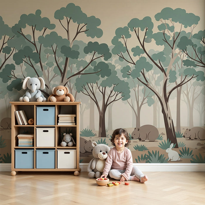 Kinderzimmer Tapete | Sanfter Wald mit niedlichen Tieren und beruhigendem Blattwerk