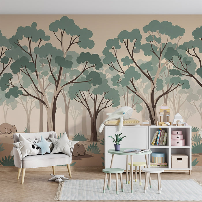 Kinderzimmer Tapete | Sanfter Wald mit niedlichen Tieren und beruhigendem Blattwerk