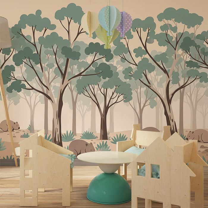 Kinderzimmer Tapete | Sanfter Wald mit niedlichen Tieren und beruhigendem Blattwerk