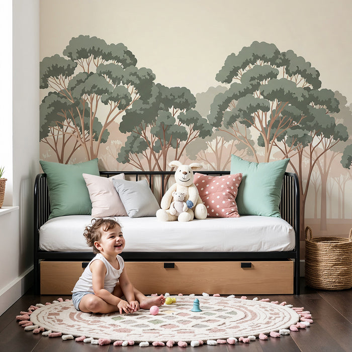 Papier peint chambre enfant | Forêt douce avec arbres aux teintes apaisantes