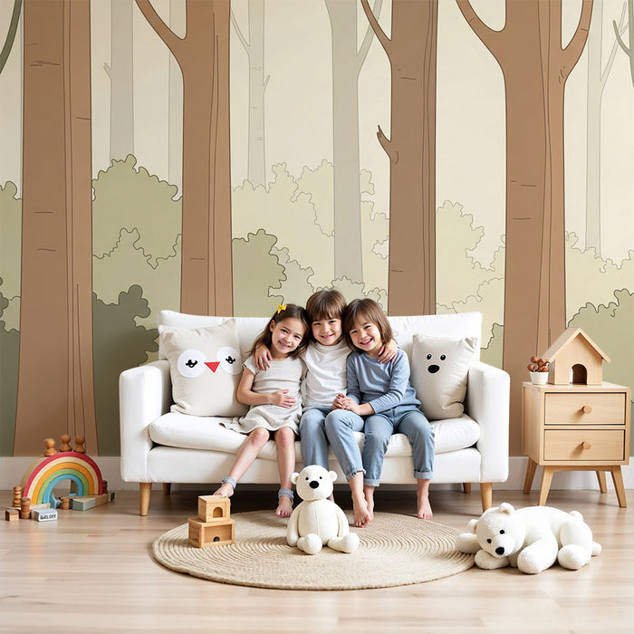Papier peint chambre enfant | Forêt douce avec arbres et feuillage apaisant